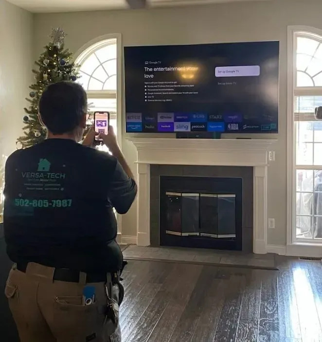 A person in a Versa-Tech uniform stands in a living room, taking a photo of a large wall-mounted television.