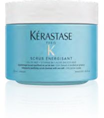 A jar of Kérastase scrub energisant on a white background.