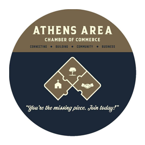 Circular logo for Athens Area Chamber of Commerce with three puzzle pieces featuring a tree, church, and handshake.