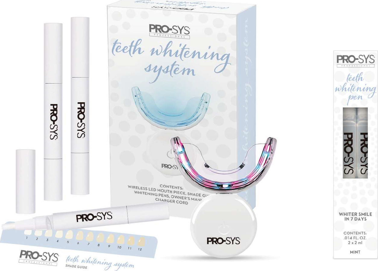 PRO-SYS teeth whitening system kit with white and blue packaging, trays, and whitening gel tubes