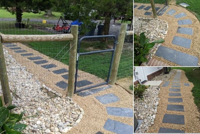 Accessible garden path with stepping stones and wire gate beside a gravel bed, shown in a three-panel collage