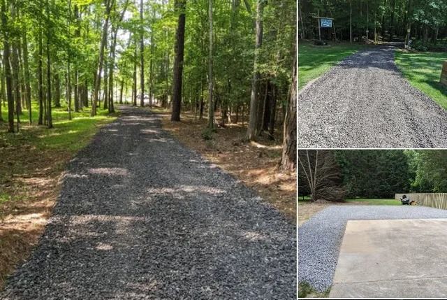 Gravel path through a wooded area, with two close-up views of the path surface.