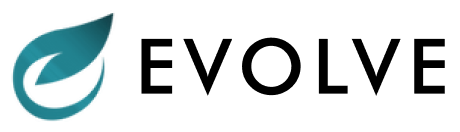 Logo with a teal leaf-like shape and the word "EVOLVE" in black text.
