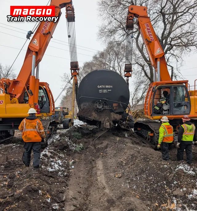 Two orange excavators lifting a large, dark circular object from a muddy trench; workers in safety vests nearby.