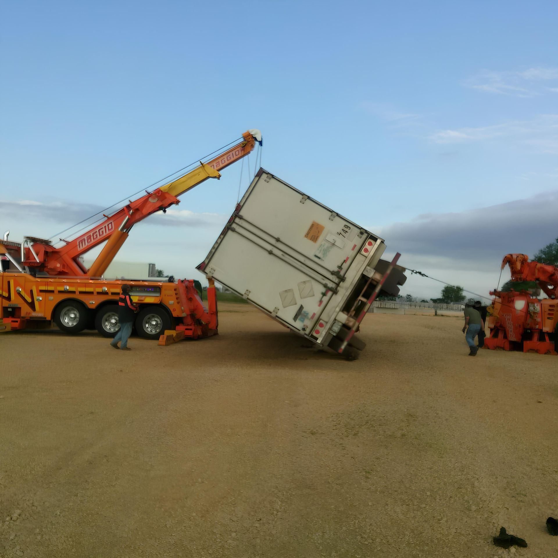 Two tow trucks lifting a tipped-over white semi-trailer in a dirt lot under a cloudy sky.