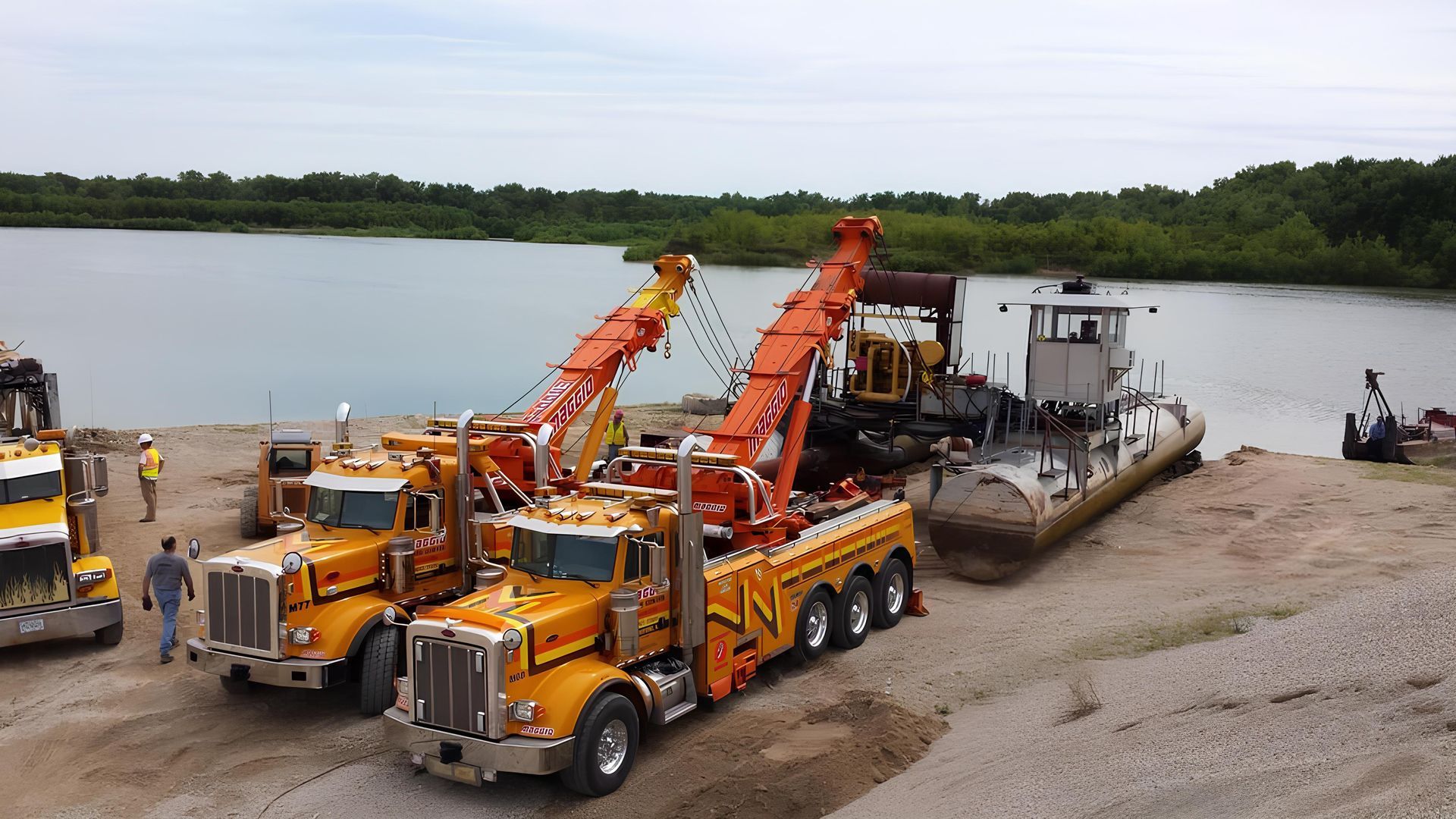 Two orange tow trucks lifting equipment onto a barge at a lake with trees.