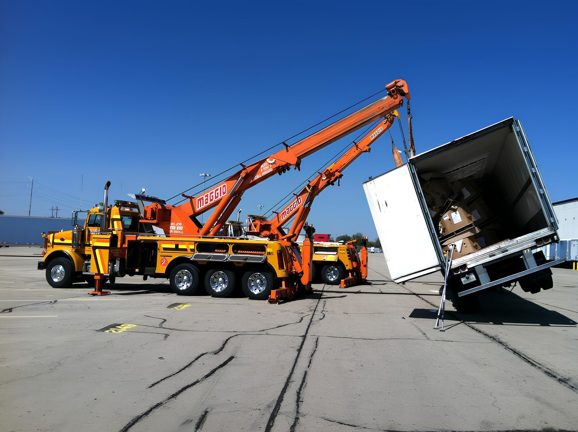 Orange tow trucks lifting a semi-trailer with a white cargo box; setting is an outdoor, paved area on a clear day.