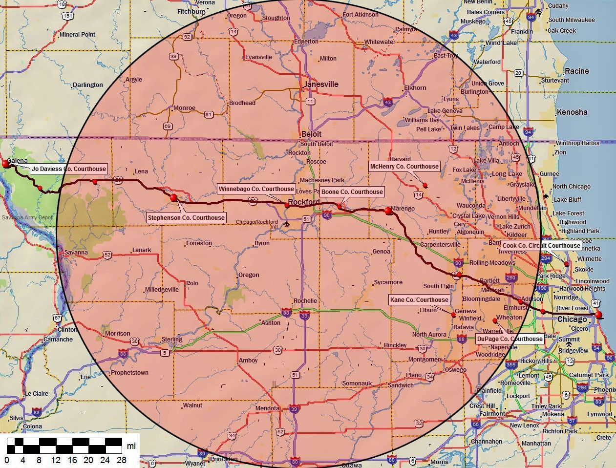 Map showing a circular area, likely a radius, over a section of the Midwest U.S., marked by roads and towns.