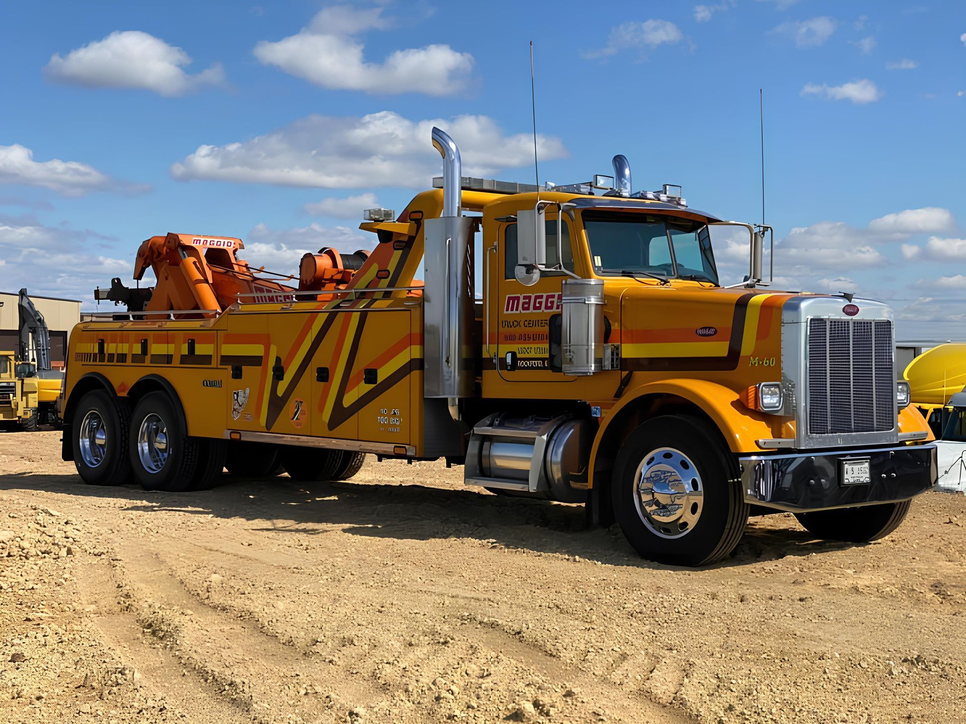 Yellow tow truck on dirt ground under a blue sky.