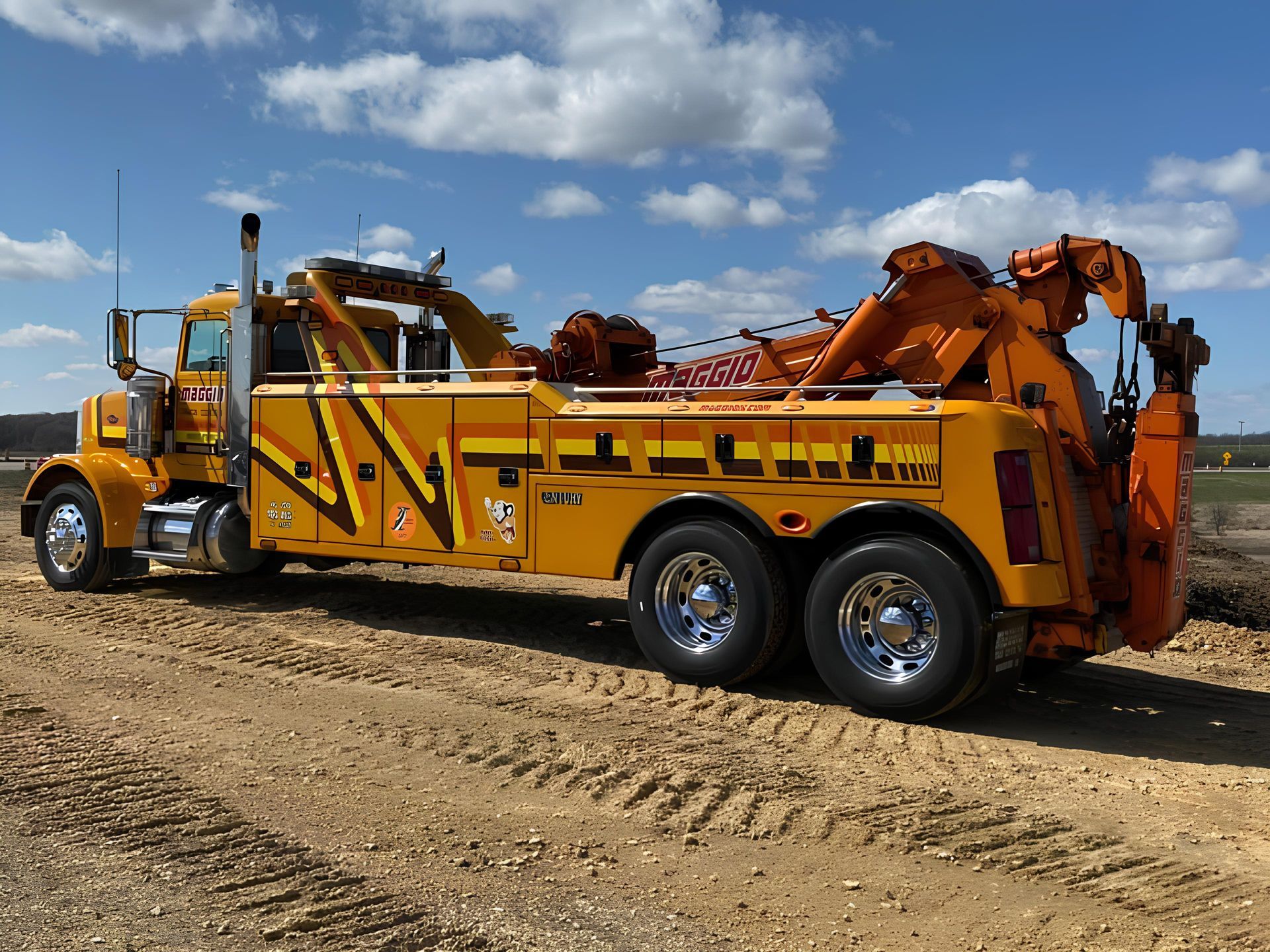 Yellow heavy-duty tow truck on a dirt road, under a blue sky with clouds.