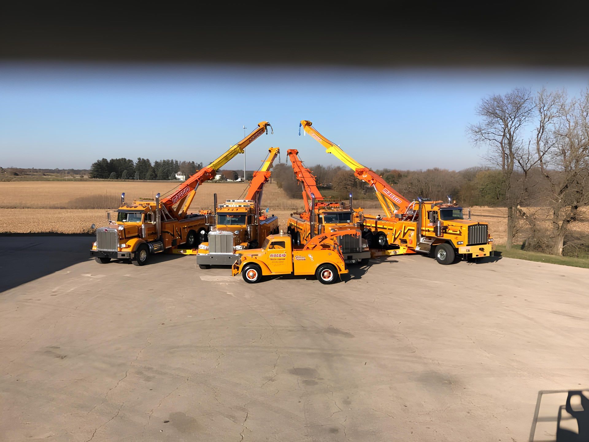Five yellow and orange tow trucks parked in a lot, cranes raised under a blue sky.