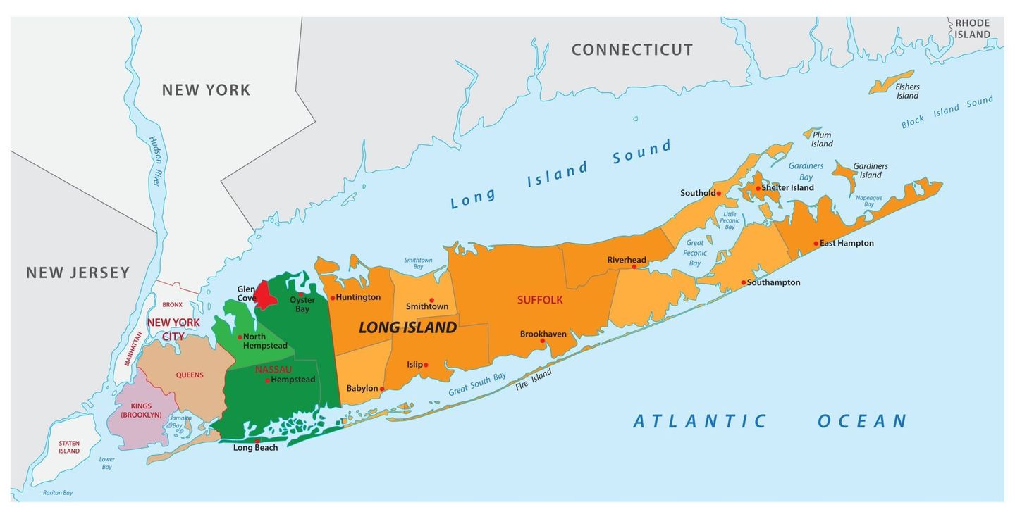 A map of long island showing the atlantic ocean