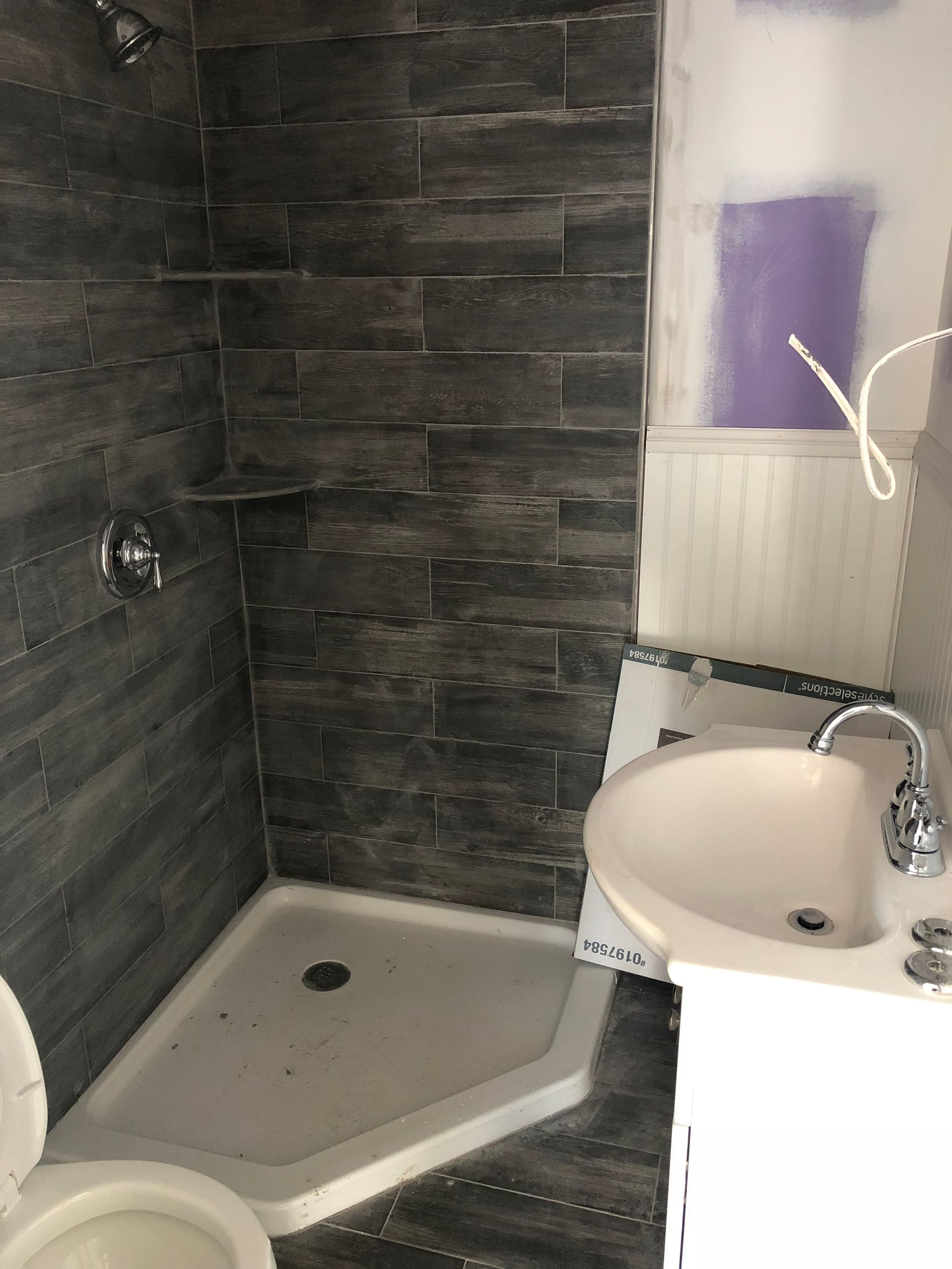 A bathroom with a toilet , sink and shower.