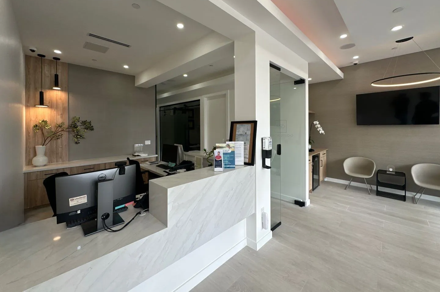 Office reception desk in a dental office.