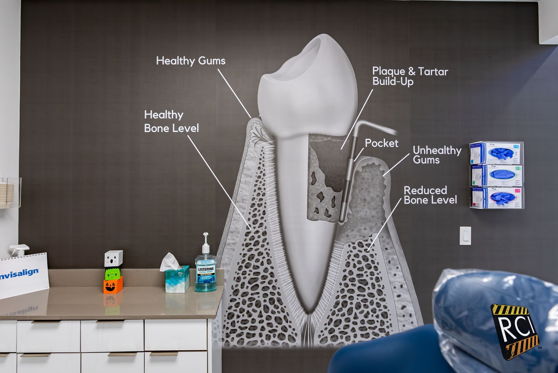 A dental office with a diagram of a tooth on the wall