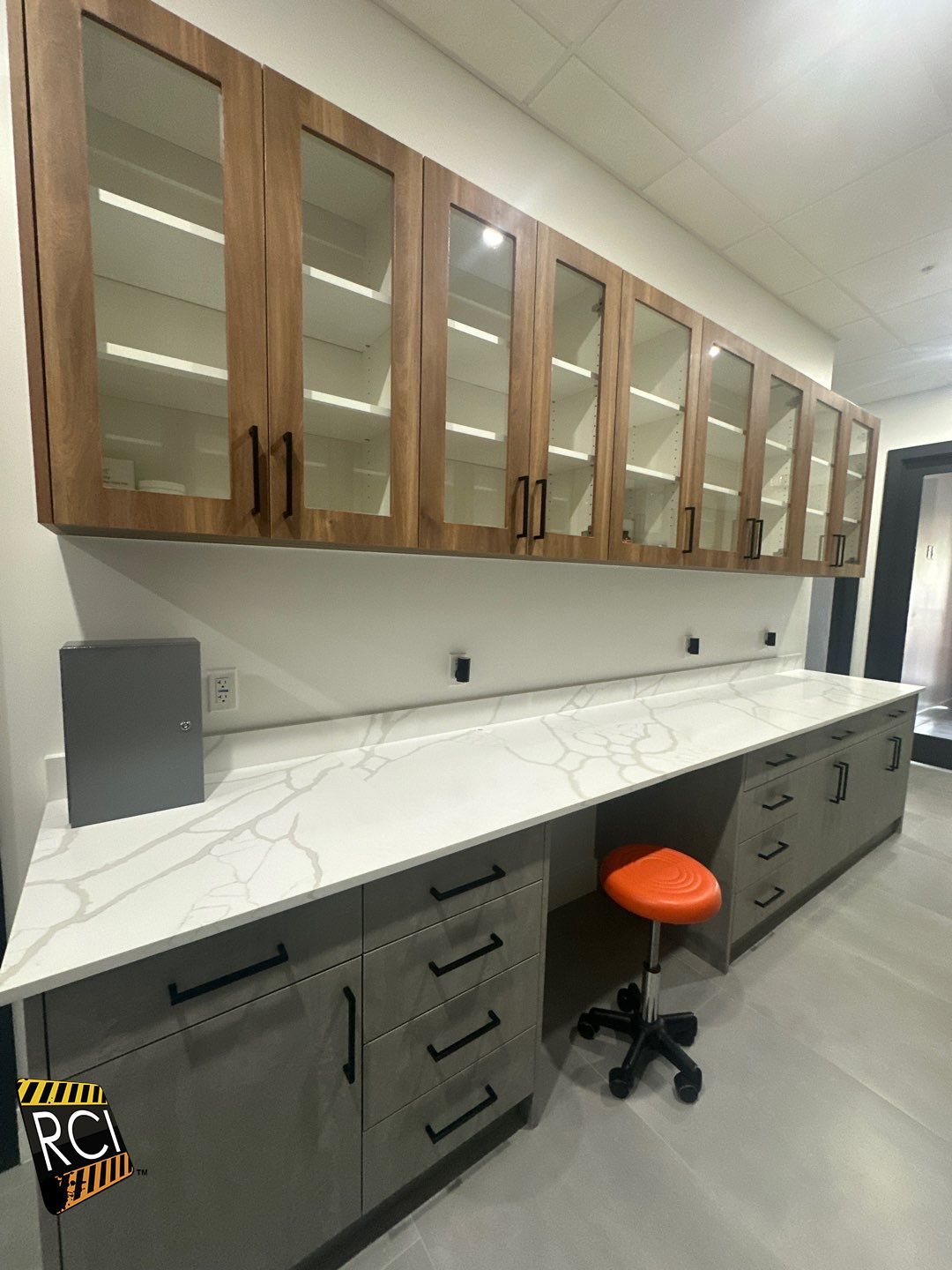 A kitchen with a long counter and cabinets with glass doors.