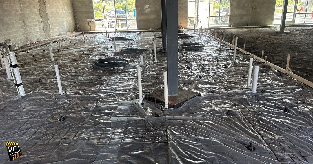 Interior construction site with black sheeting, plumbing pipes, and a central support column.