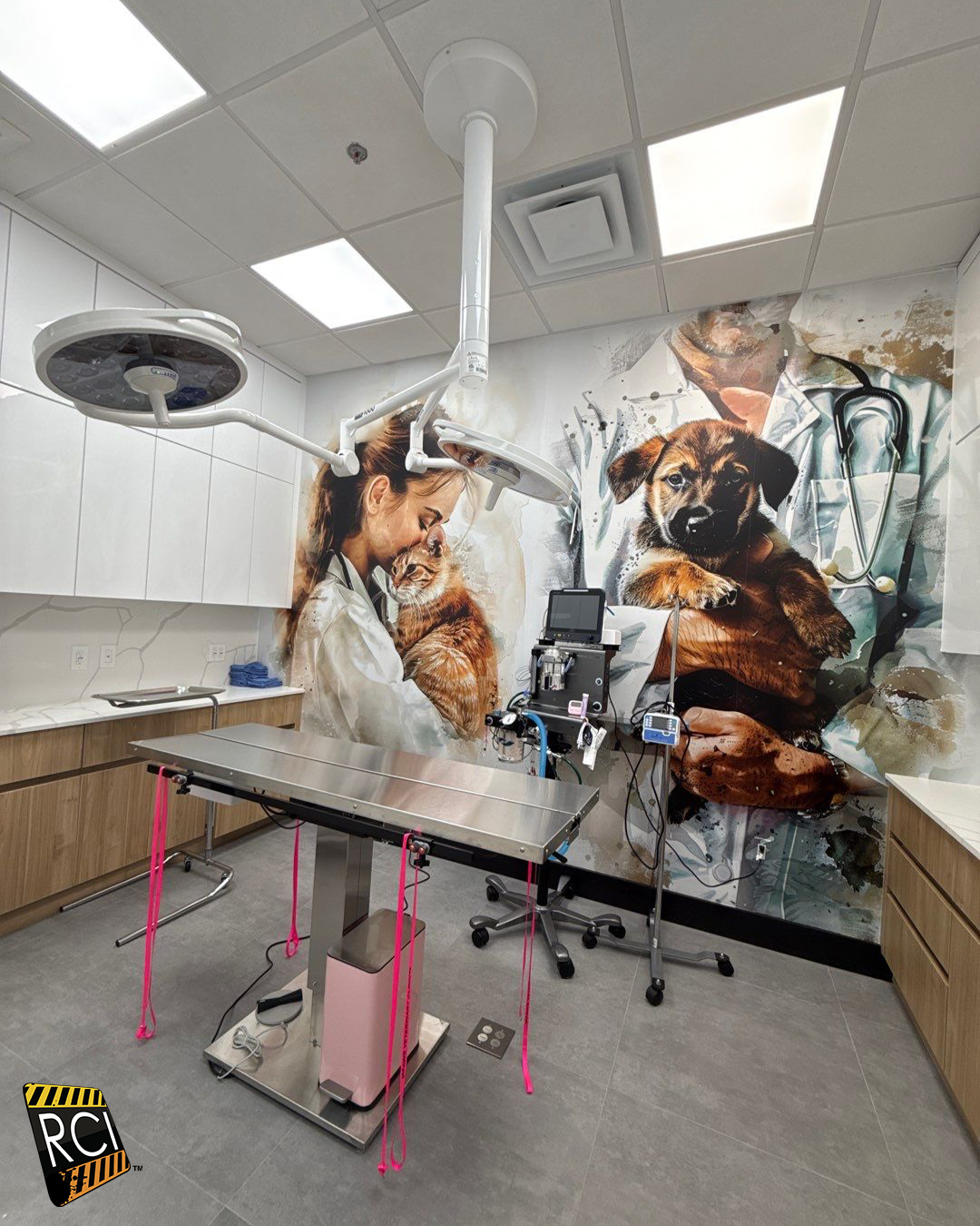 Veterinary exam room with operating table and medical equipment. Mural of vet with pets on wall.
