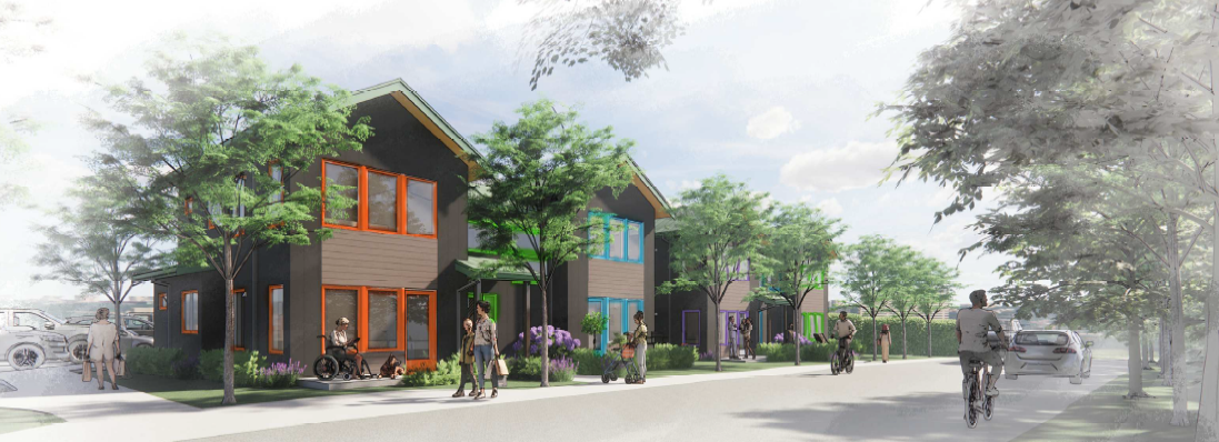 Row of colorful houses along a street, with people walking and cycling. Trees and sky in the background.