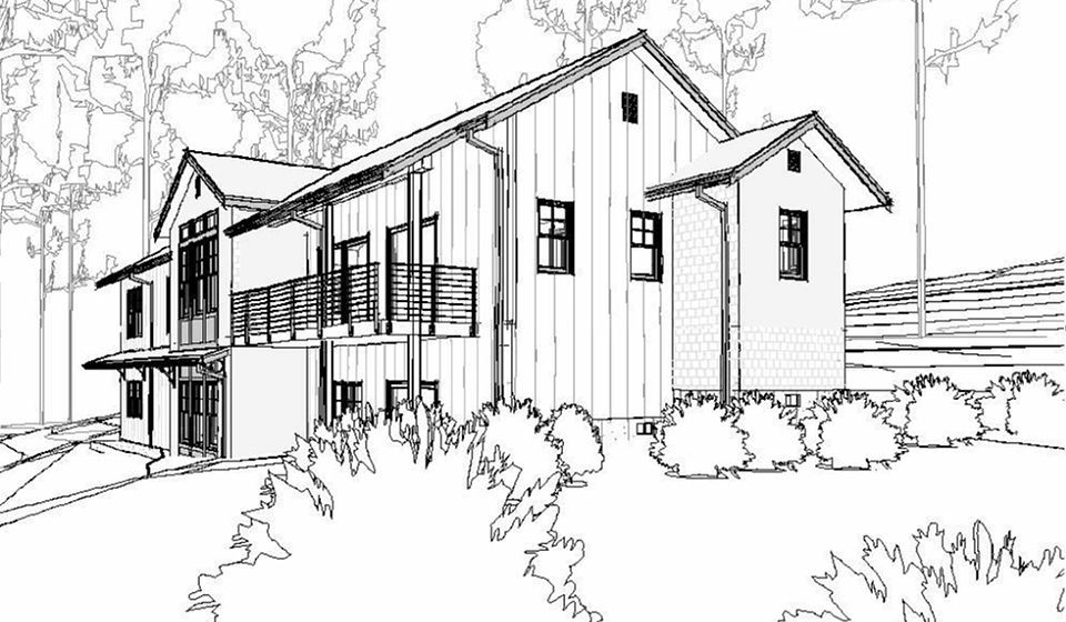 Black and white architectural rendering of a modern house with a balcony, set against a backdrop of lush shrubs and trees.