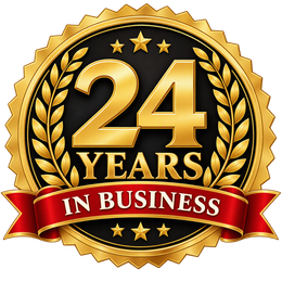 Gold and black award badge reading “24 years in business” with a red ribbon and stars