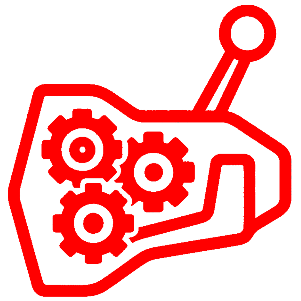 Red gear-shift icon with three gears and a lever on a white background