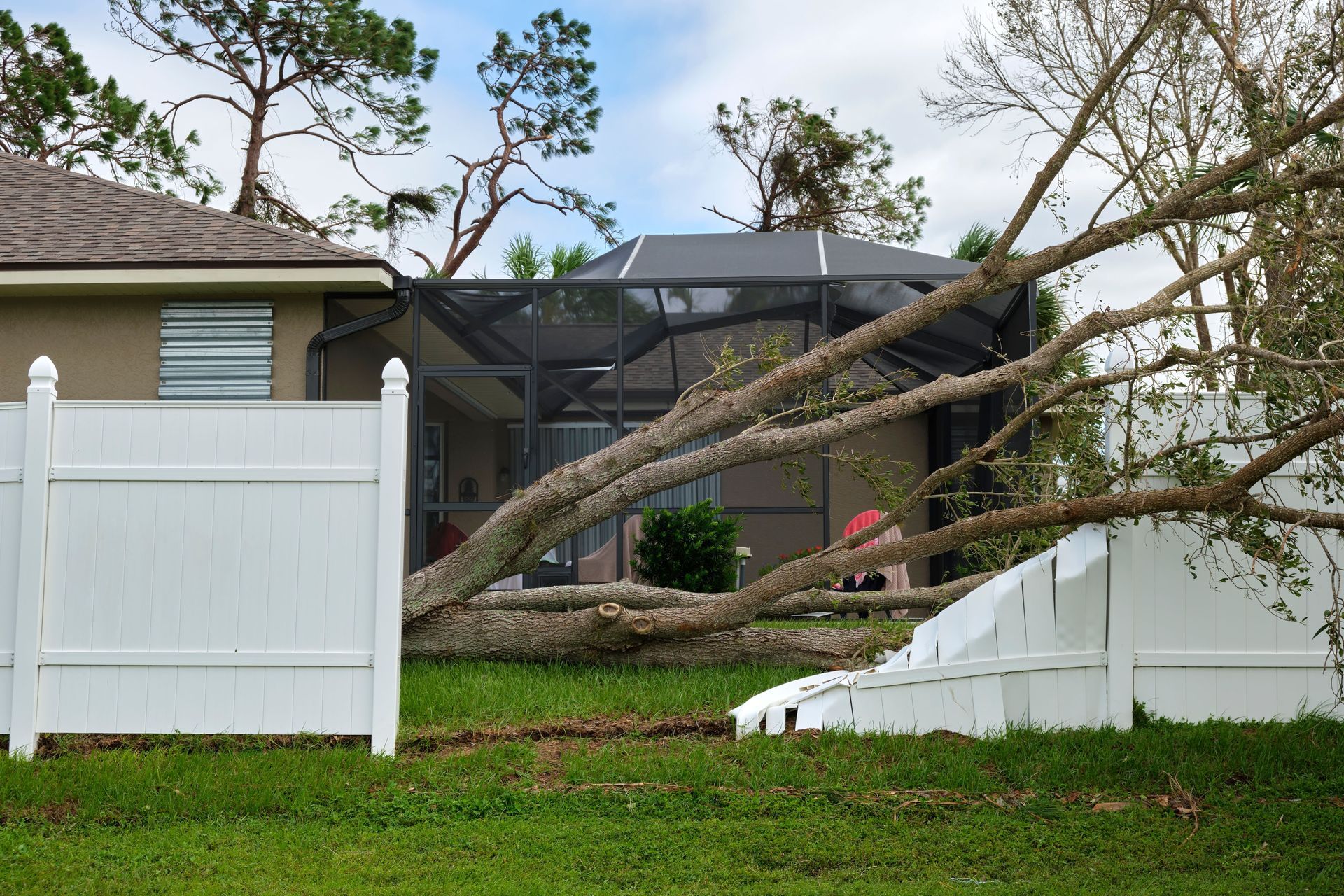 A large tree has fallen across a residential yard, crushing a section of a white vinyl fence in front of a screened patio.