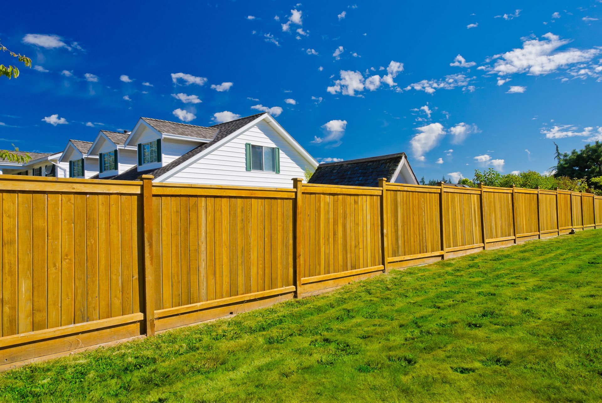 A wooden fence runs across a grassy lawn under a bright blue sky with white houses in the background.