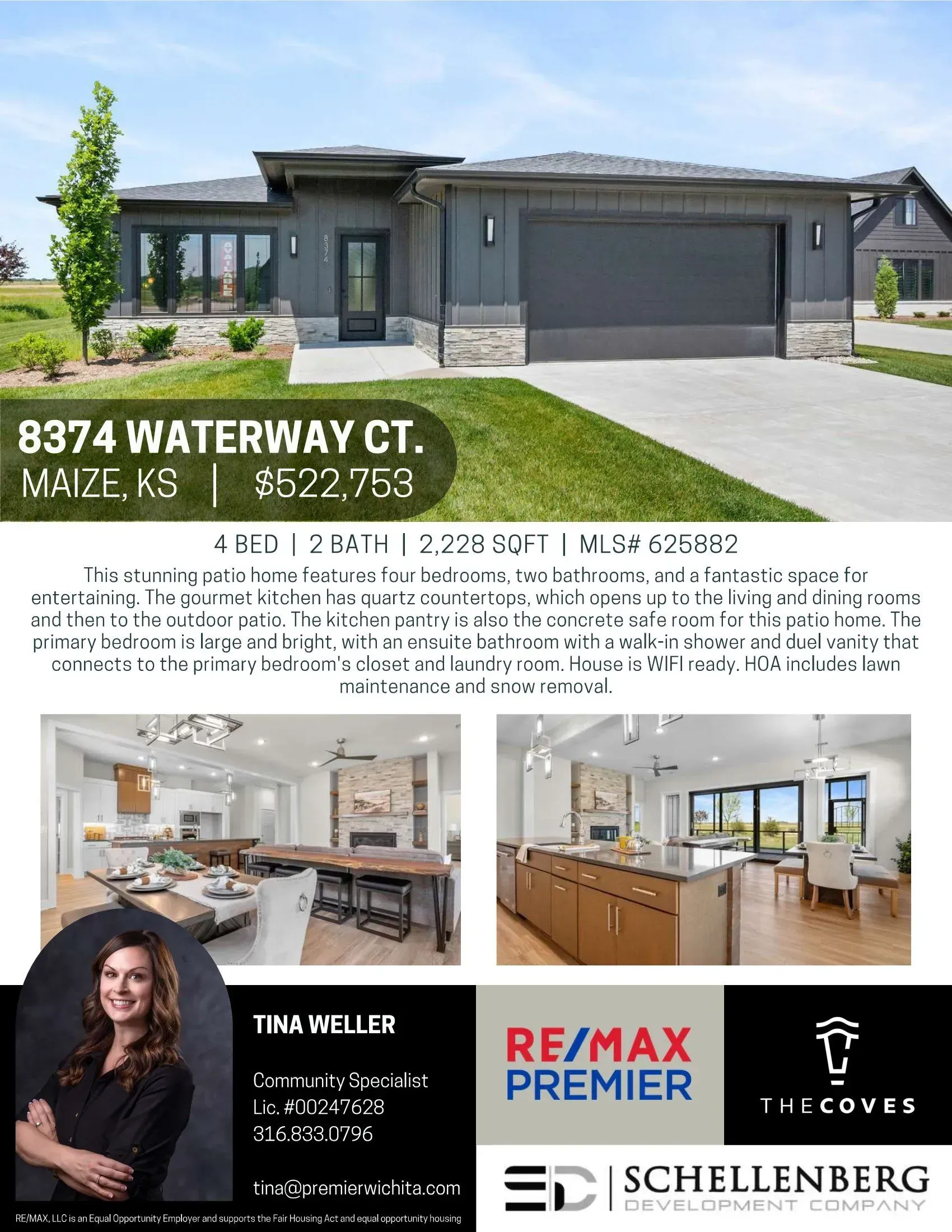Real estate flyer for 8374 Waterway Ct. with home exterior, interior photos, agent portrait, and logos