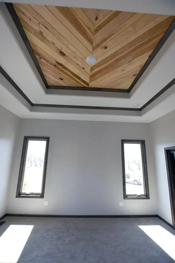 Empty modern room with gray carpet, white walls, narrow windows, and a wood-paneled tray ceiling.