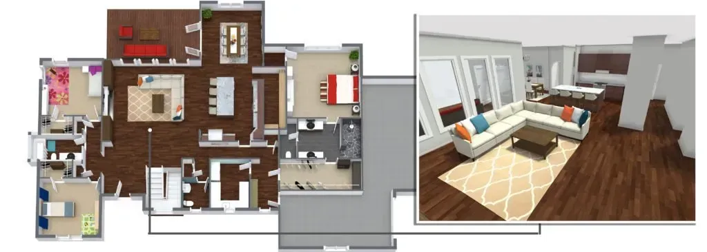 Top-down floor plan and a 3D living room rendering with white furniture and wood floors.