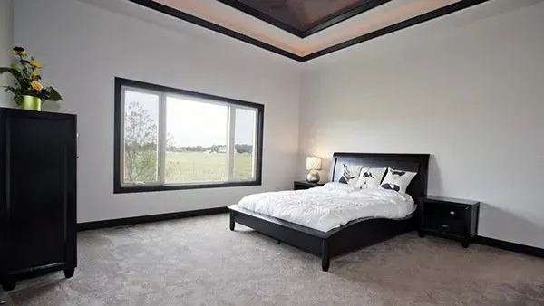 Modern bedroom with a black bed, large window, gray carpet, and dark dresser