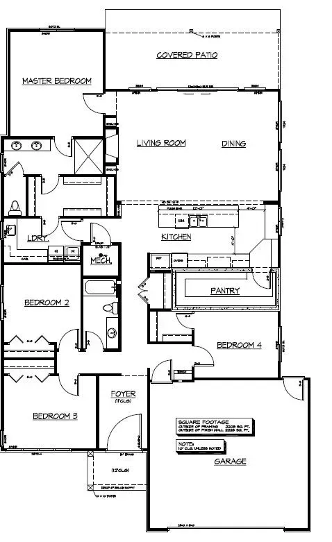 Black-and-white house floor plan with labeled rooms, including living room, bedrooms, kitchen, baths, garage, and deck