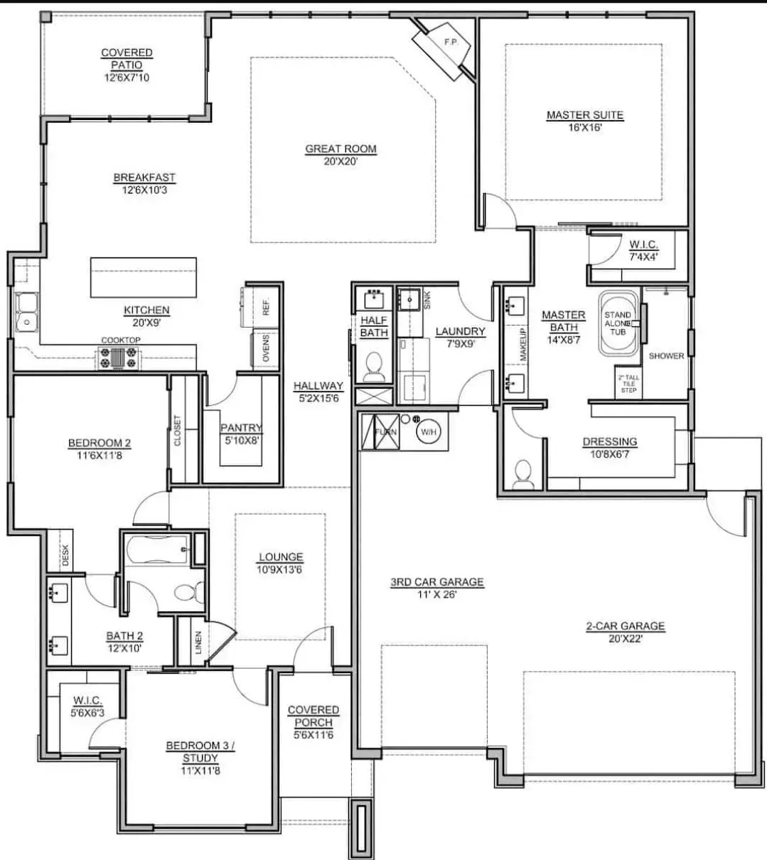 Black-and-white architectural floor plan of a multi-room house with labeled rooms and bathrooms