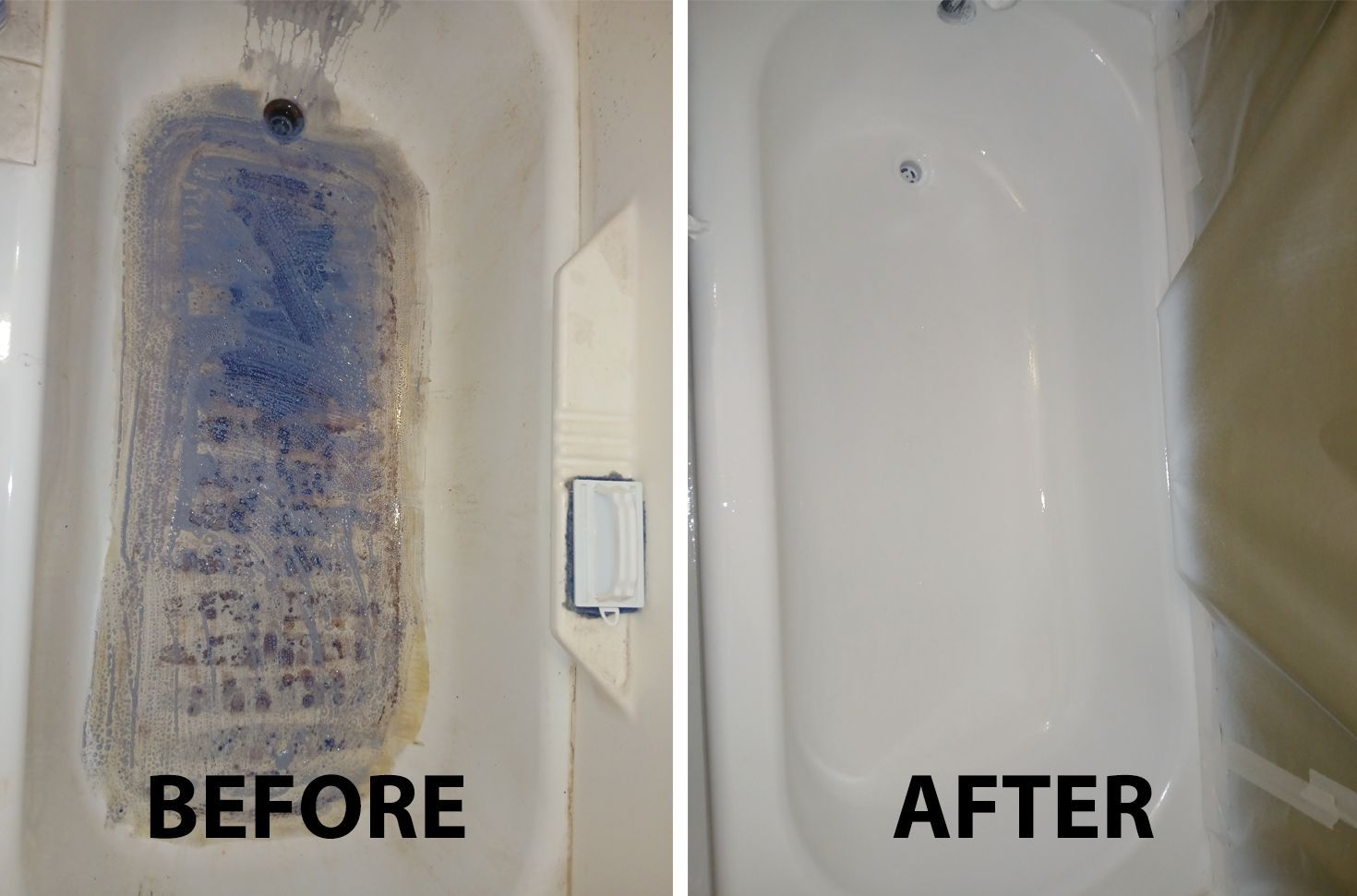 There is a before and after picture of a bathtub.