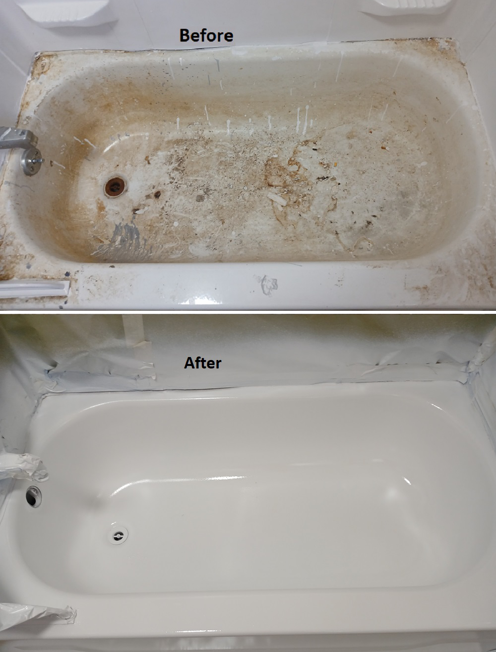 Before-and-after of a bathtub: top is dirty, bottom is clean and white.