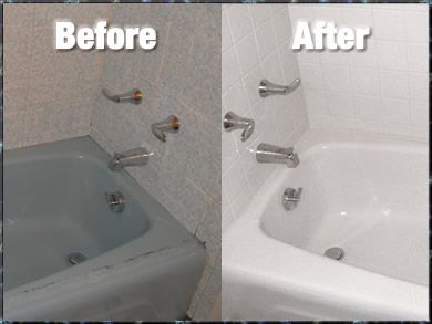 A before and after picture of a bathtub in a bathroom.