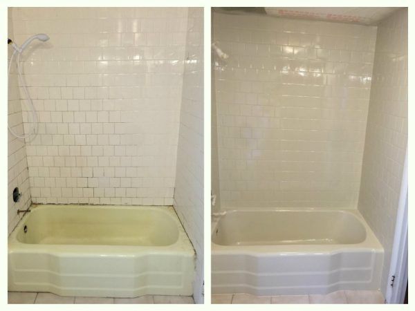 A before and after picture of a bathtub in a bathroom.