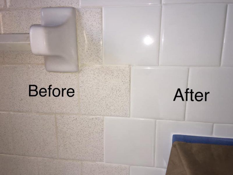 A before and after picture of a bathroom tile wall.