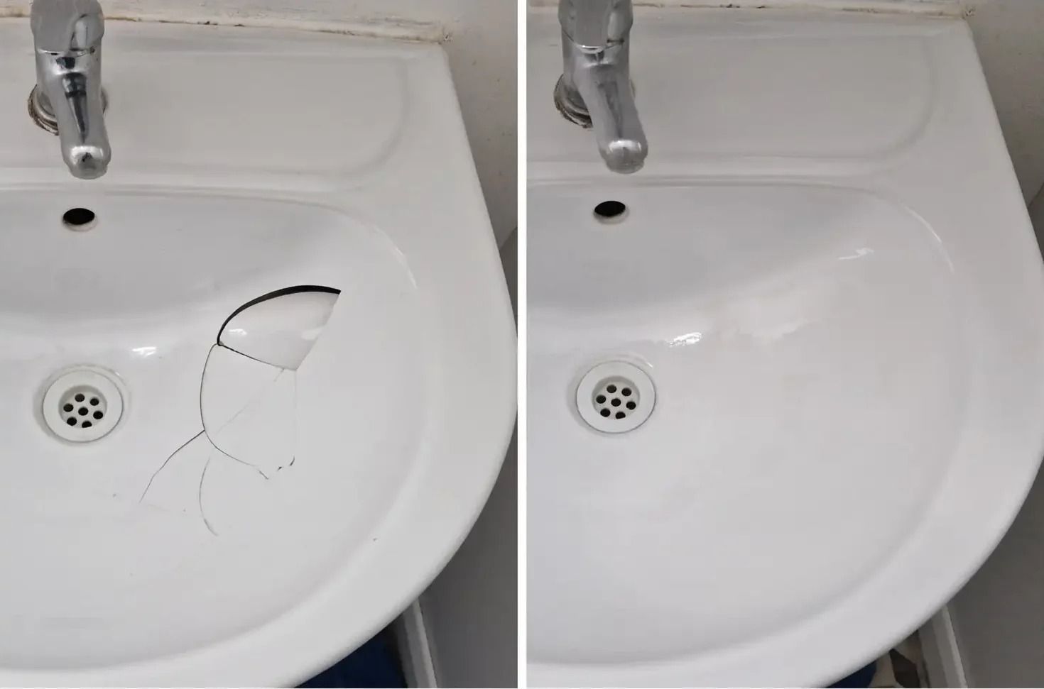 A before and after photo of a bathroom sink with a hole in it.