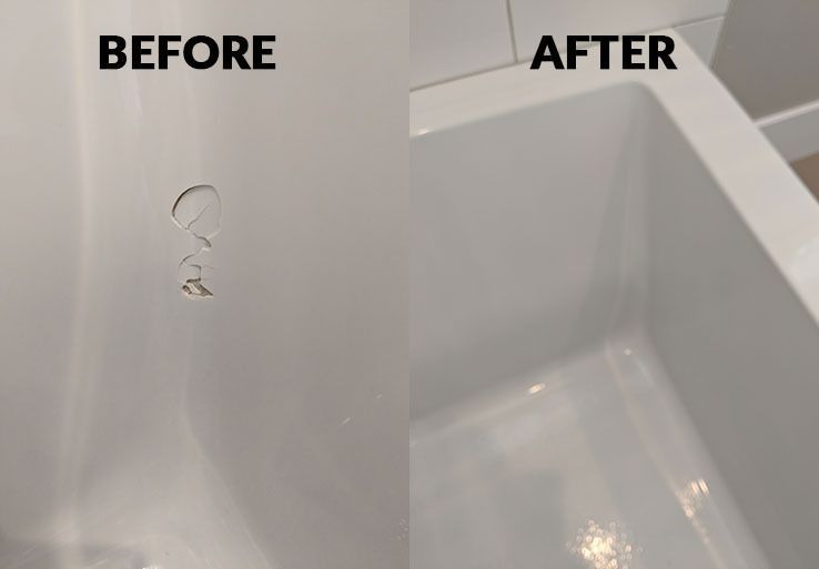 A before and after picture of a bathtub with a hole in it.