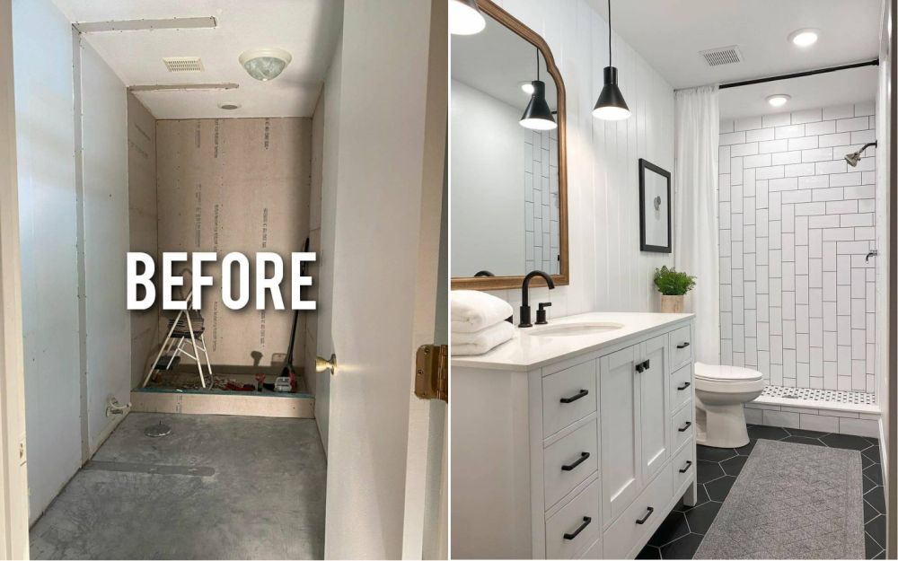 There is a before and after picture of a bathroom.