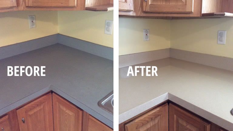 A before and after photo of a kitchen counter.
