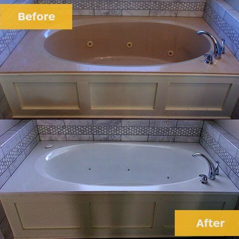 A before and after photo of a bathtub in a bathroom.