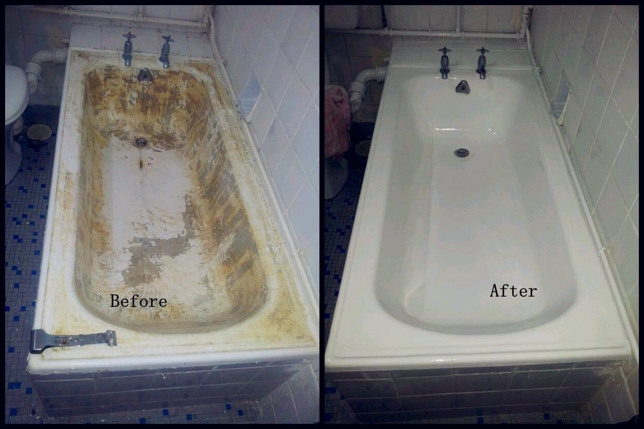 A before and after photo of a bathtub in a bathroom.