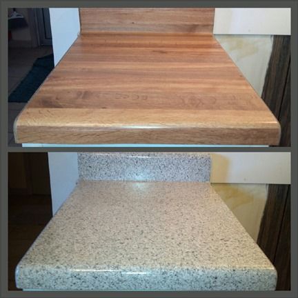 A before and after photo of a wooden counter top and a granite counter top.