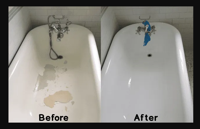 Two pictures of a bathtub before and after being cleaned