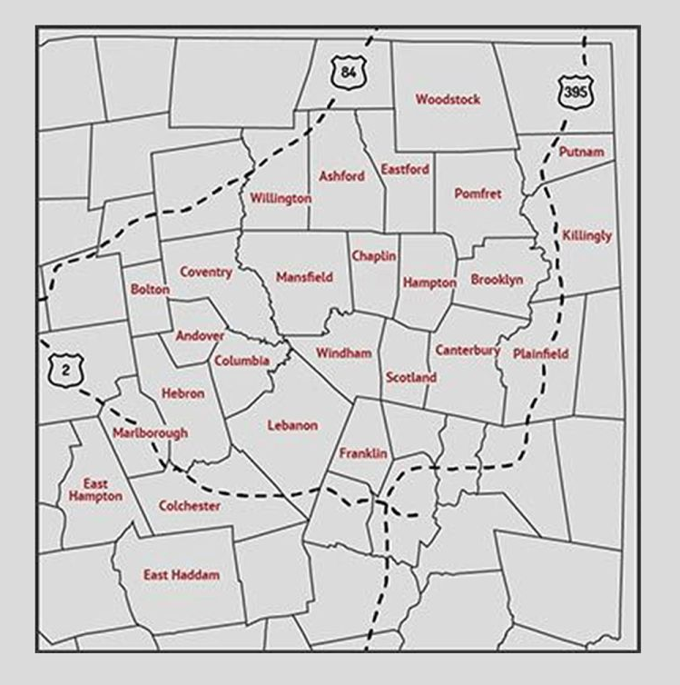 Map of Connecticut towns with highlighted route, including highways 84 and 395.