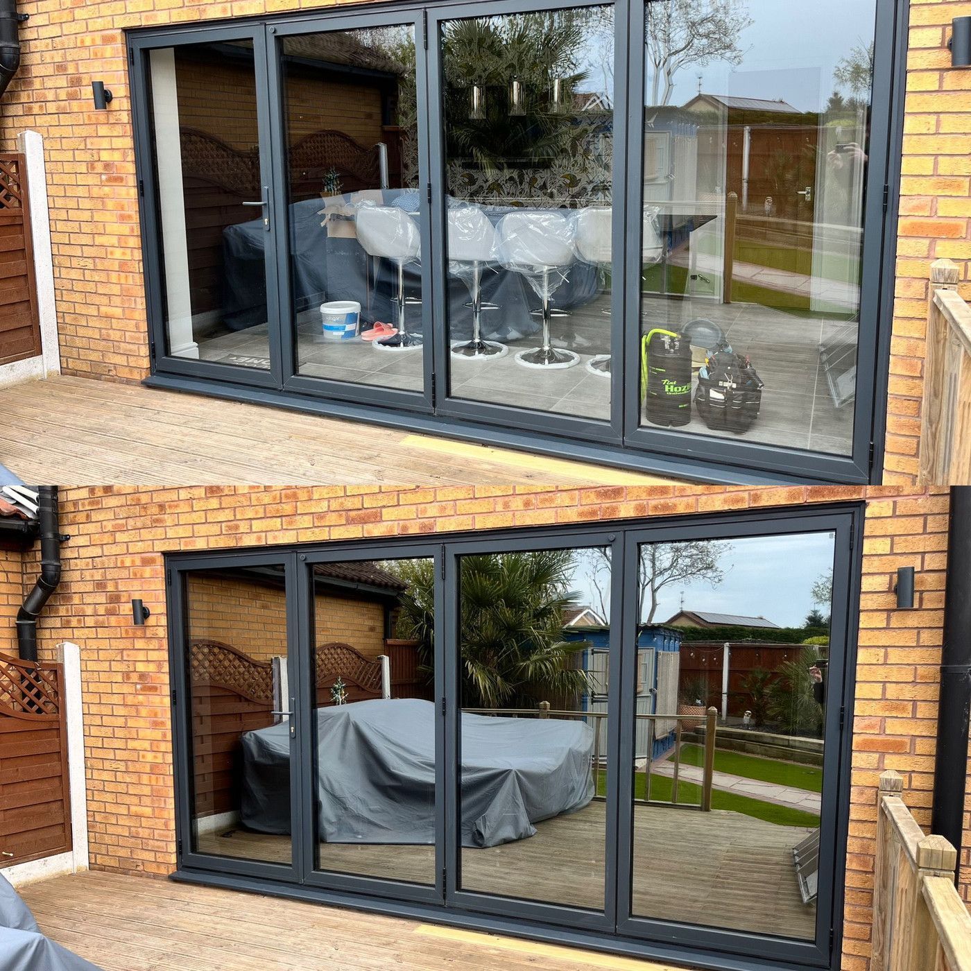 A before and after picture of a sliding glass door on a brick building.