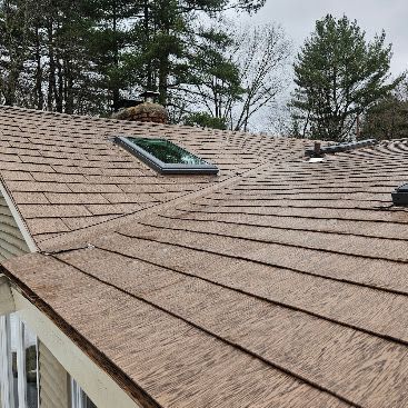 Brown shingled roof with a skylight, viewed against trees and cloudy sky
